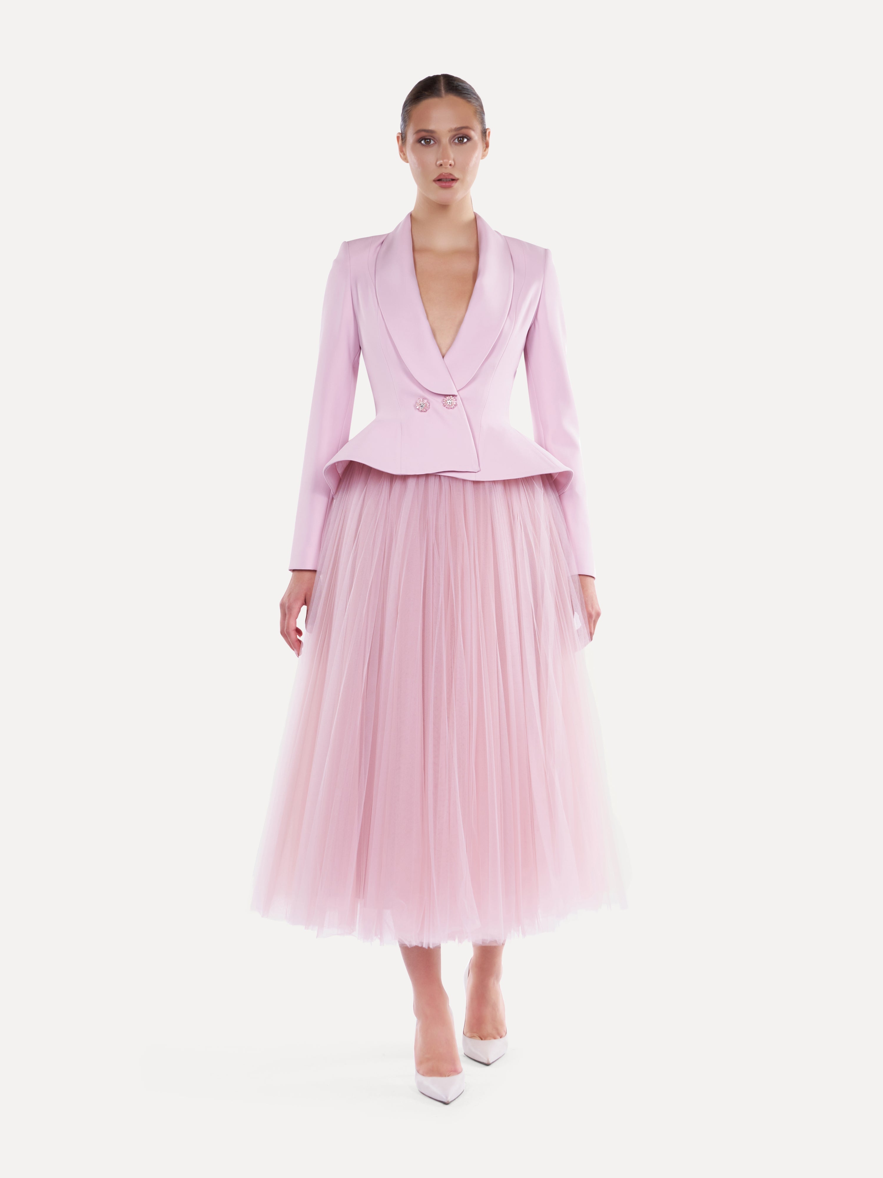 Costum elegant cu fusta midi din tulle Araftu Couture