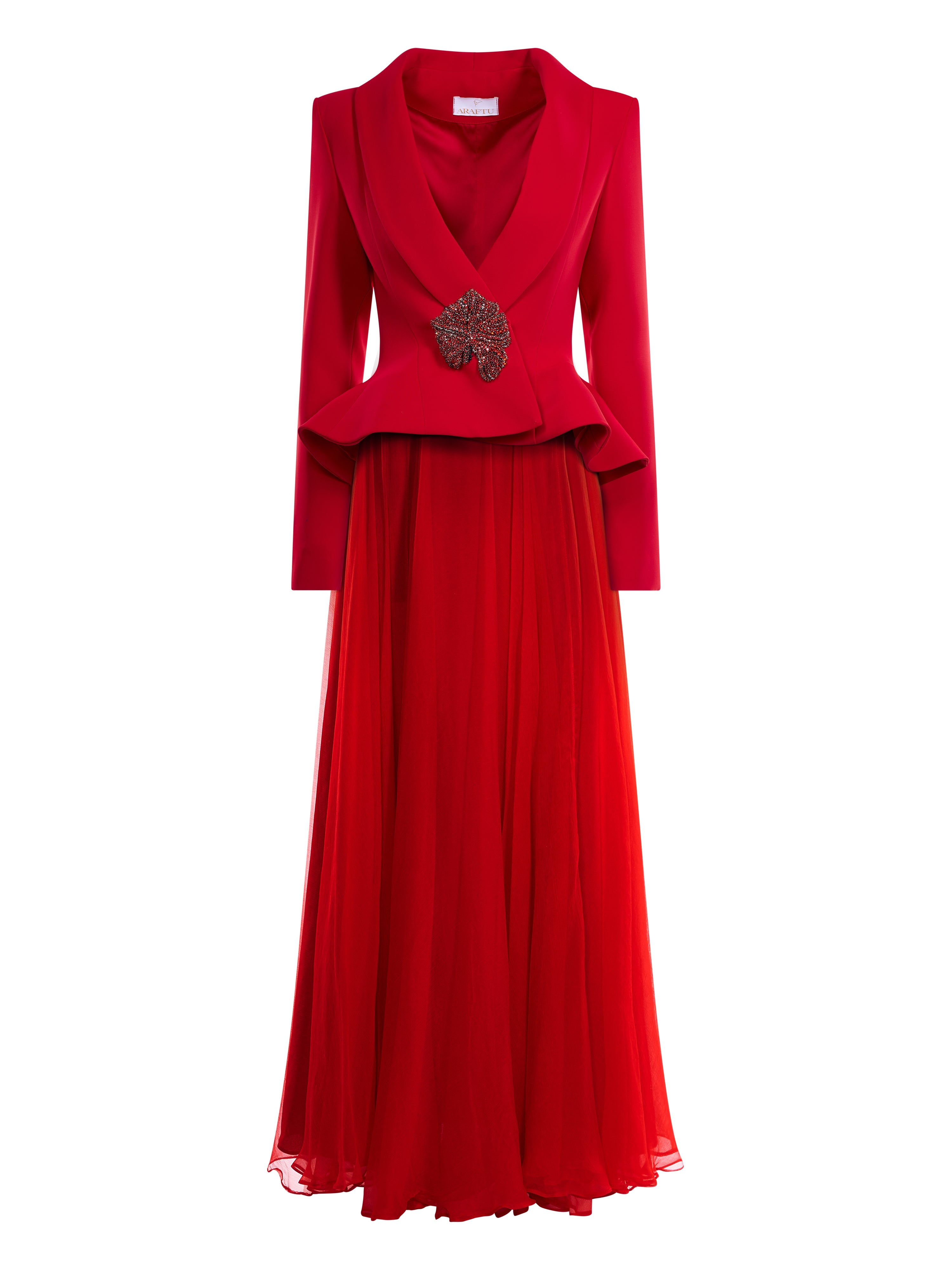Costum cu sacou cambrat si fusta maxi din voal natural Araftu Couture