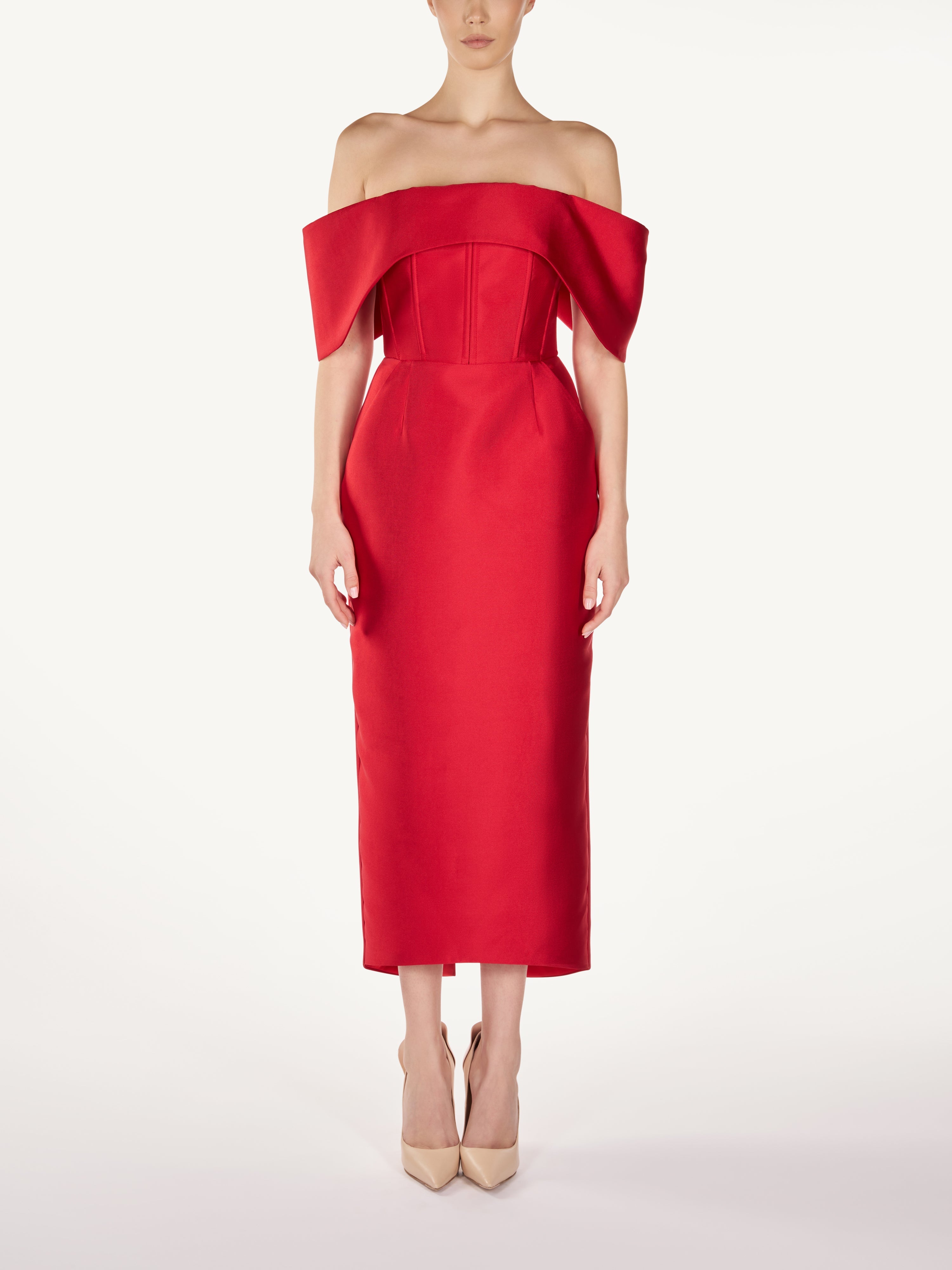 OFF SHOLDER STRUCTURED MIDI DRESS Araftu Couture