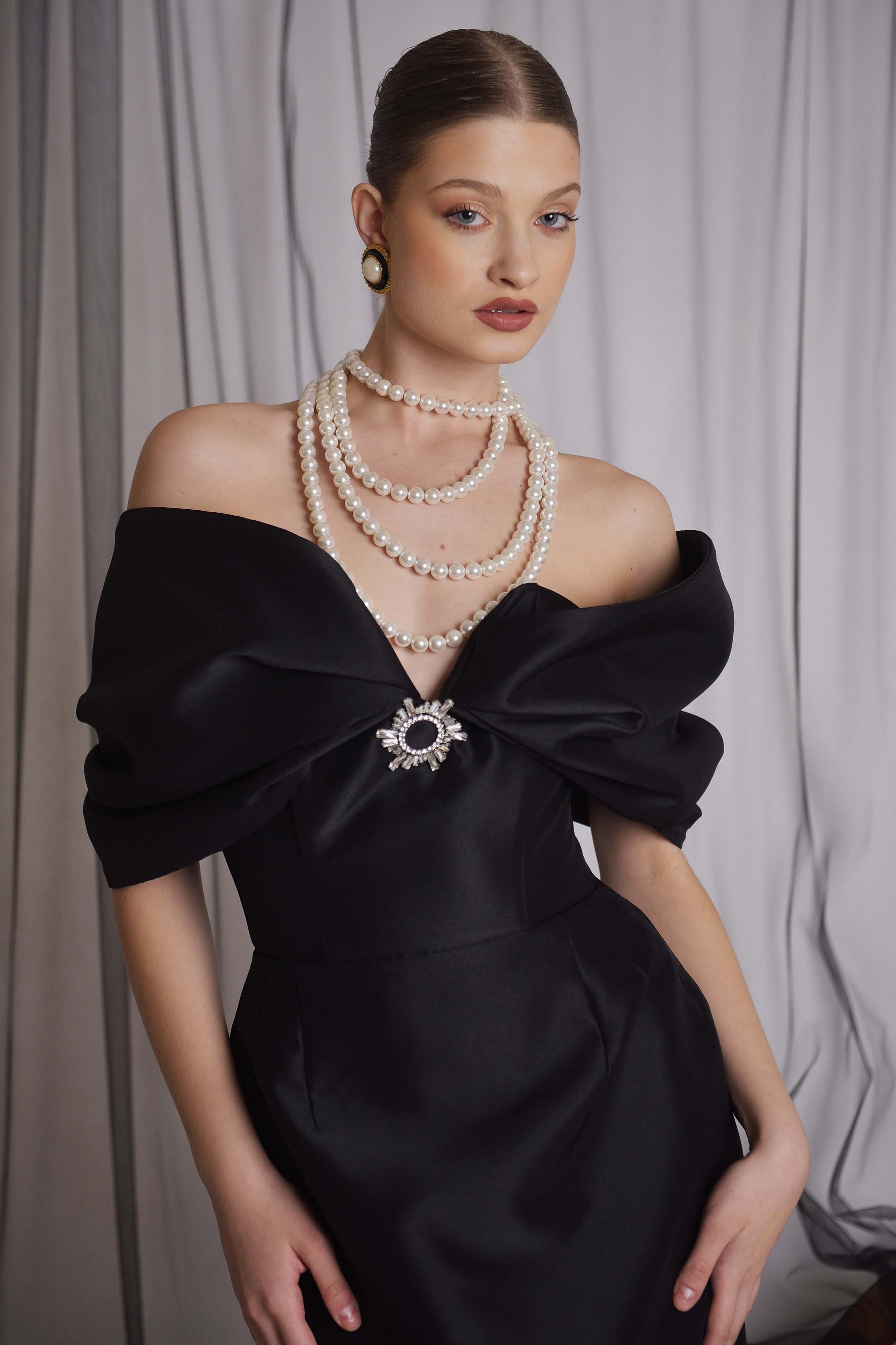 Rochie midi cu funda peste umeri  Araftu Couture