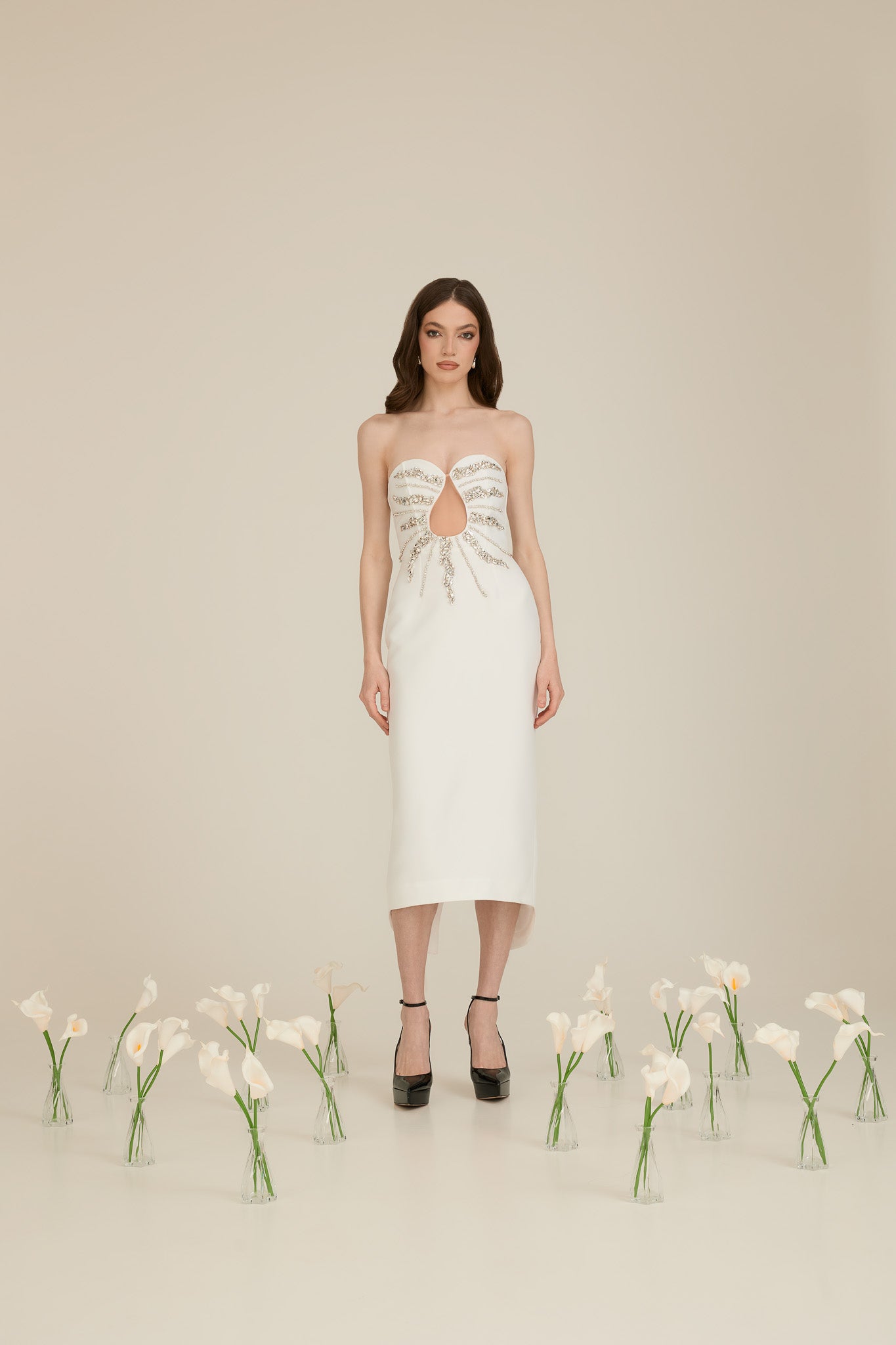 Rochie Midi Tip Corset cu Decolteu Lacrima si Aplicatie Raze