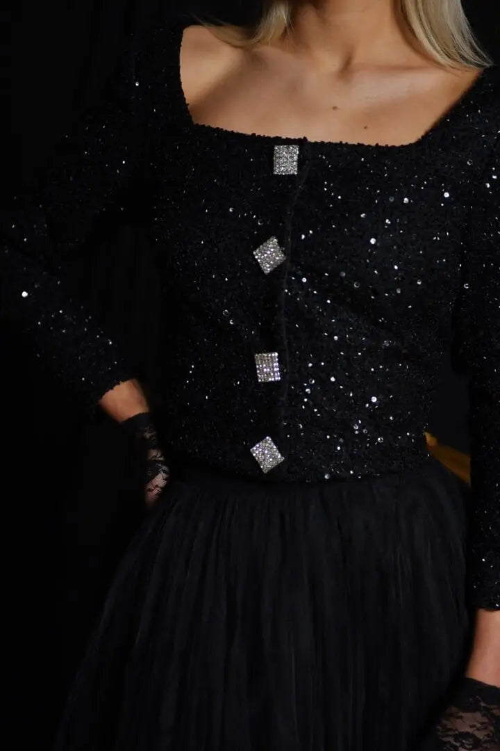 Costum elegant cu top crop din paiete și fustă de tulle - Araftu Couture