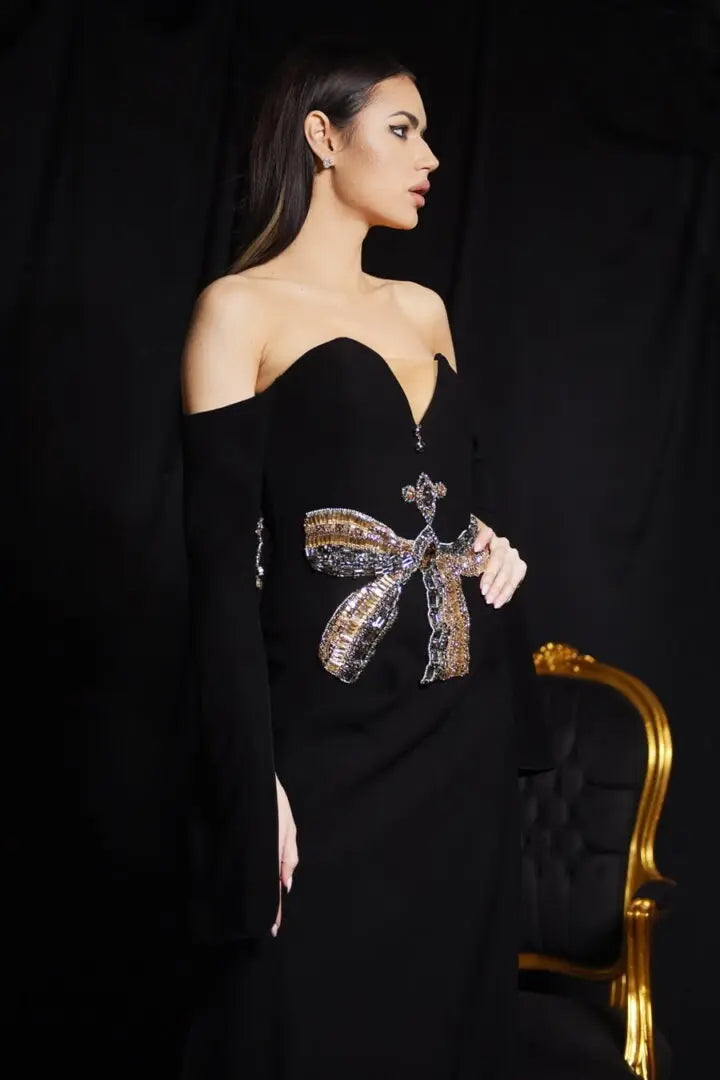 Rochie de seară pe umeri cu șliț adânc - Araftu Couture