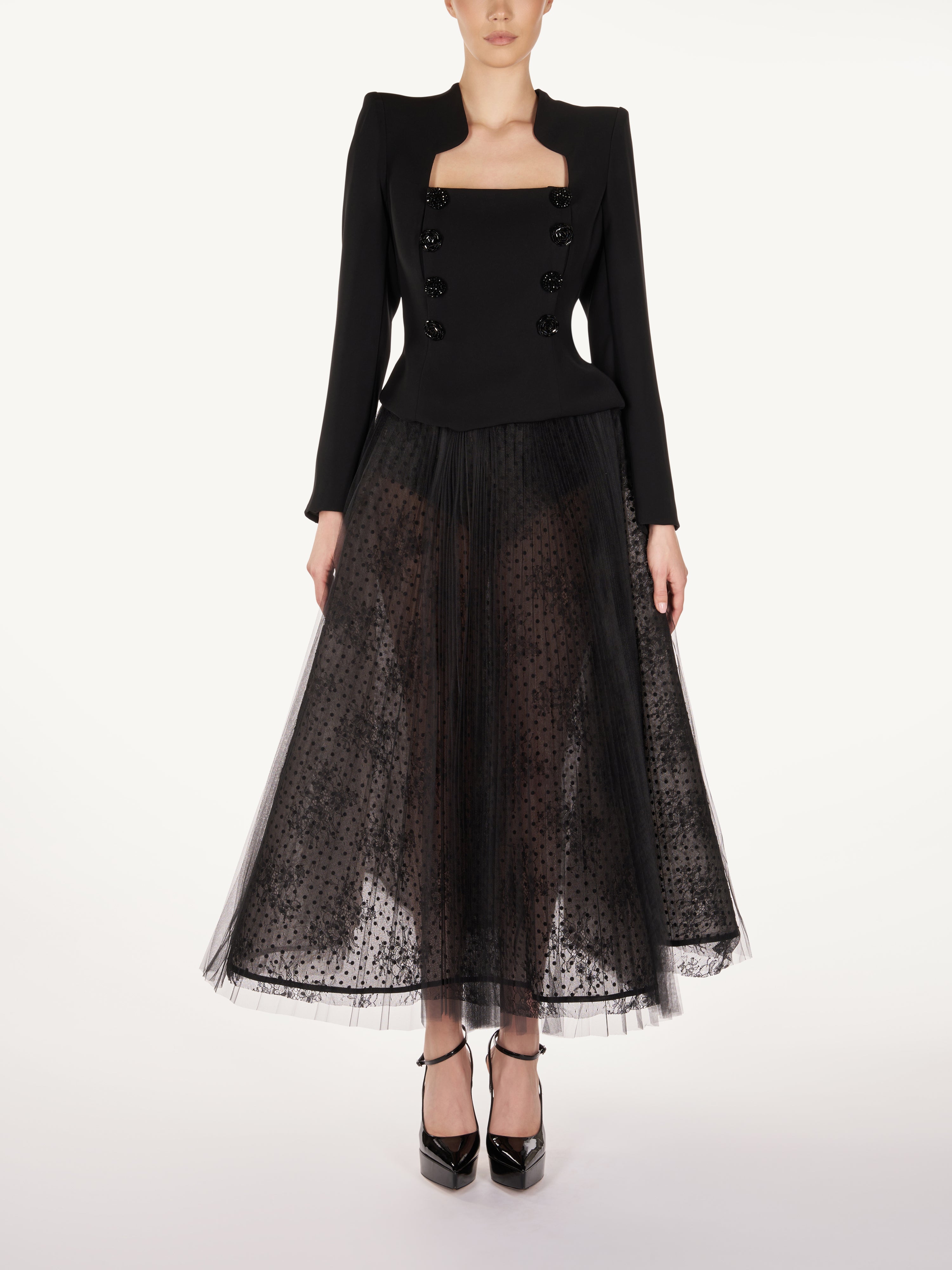 FITTED JACKET AND CHANTILLY LACE SKIRT  Araftu Couture