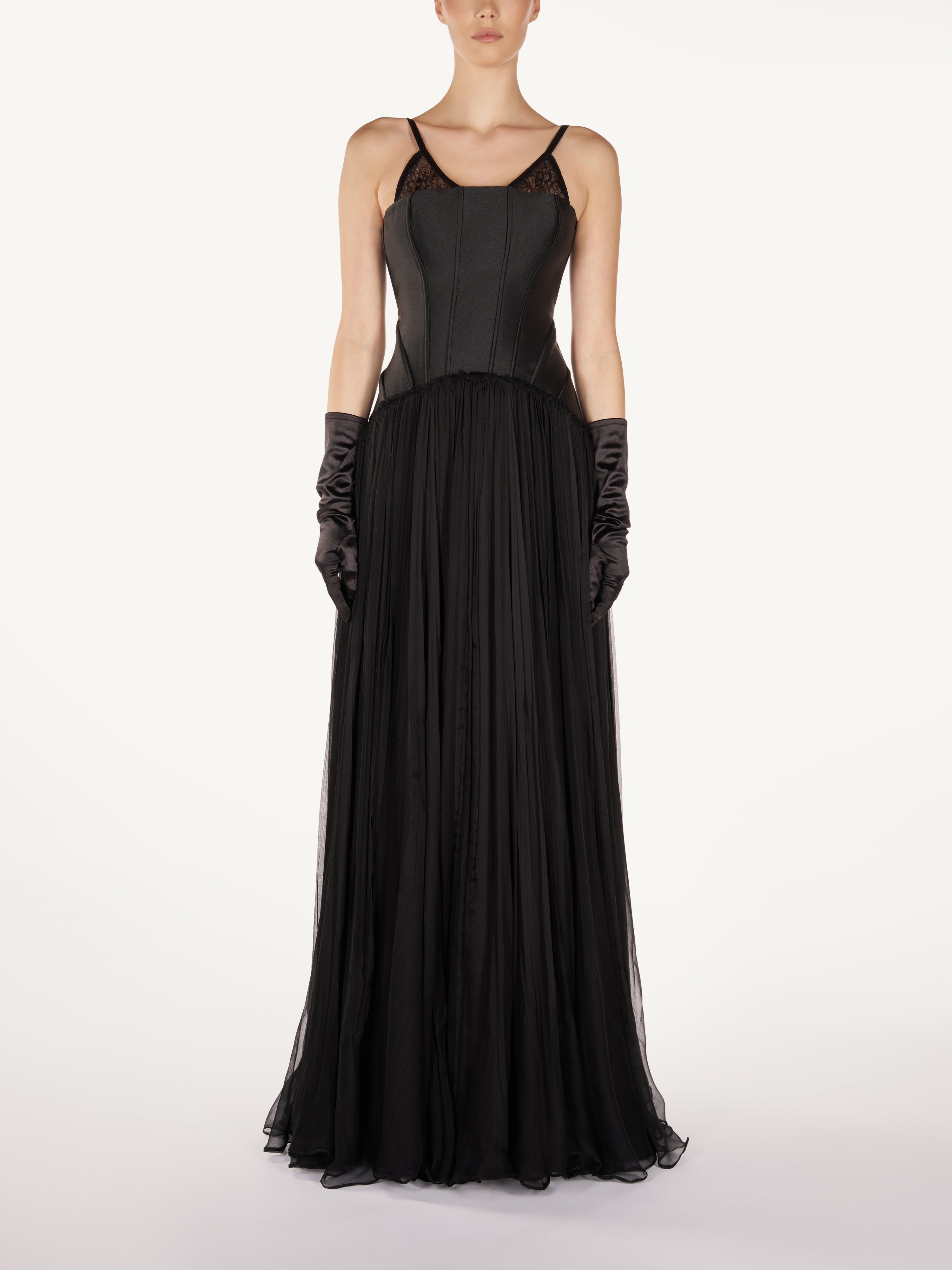 SILK EVENING DRESS WITH CHANTILY  Araftu Couture