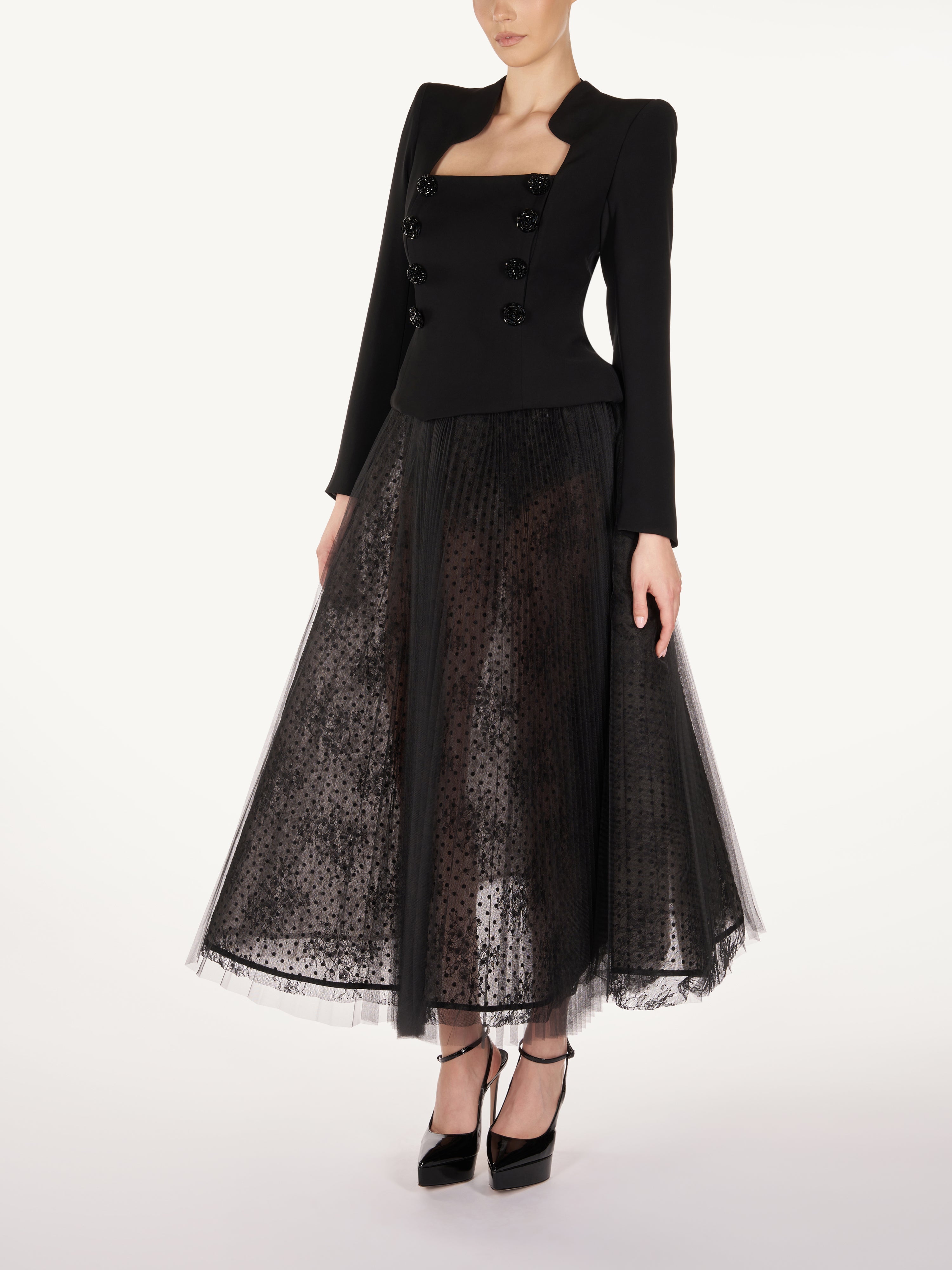 FITTED JACKET AND CHANTILLY LACE SKIRT  Araftu Couture